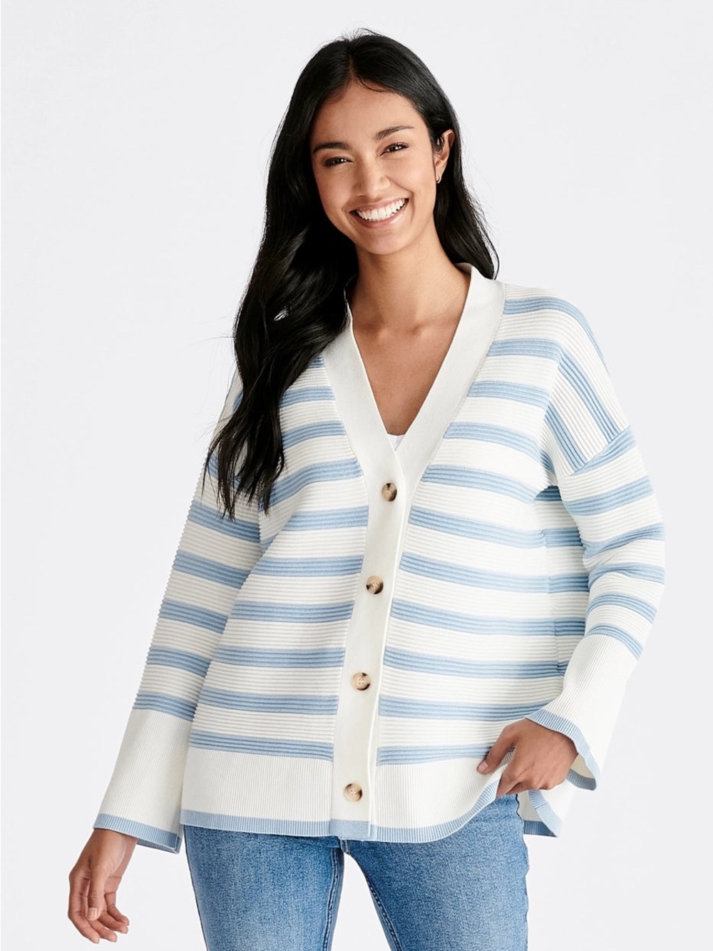 Paisie Striped Ribbed Cardigan In White & Light Blue BNWT